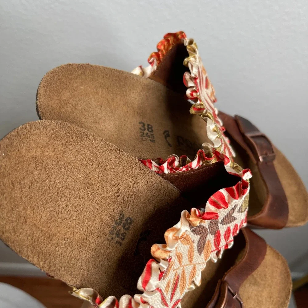 Papillio by Birkenstock Brown Leather Ruffle Fabric Wedge Sandals Womens 38